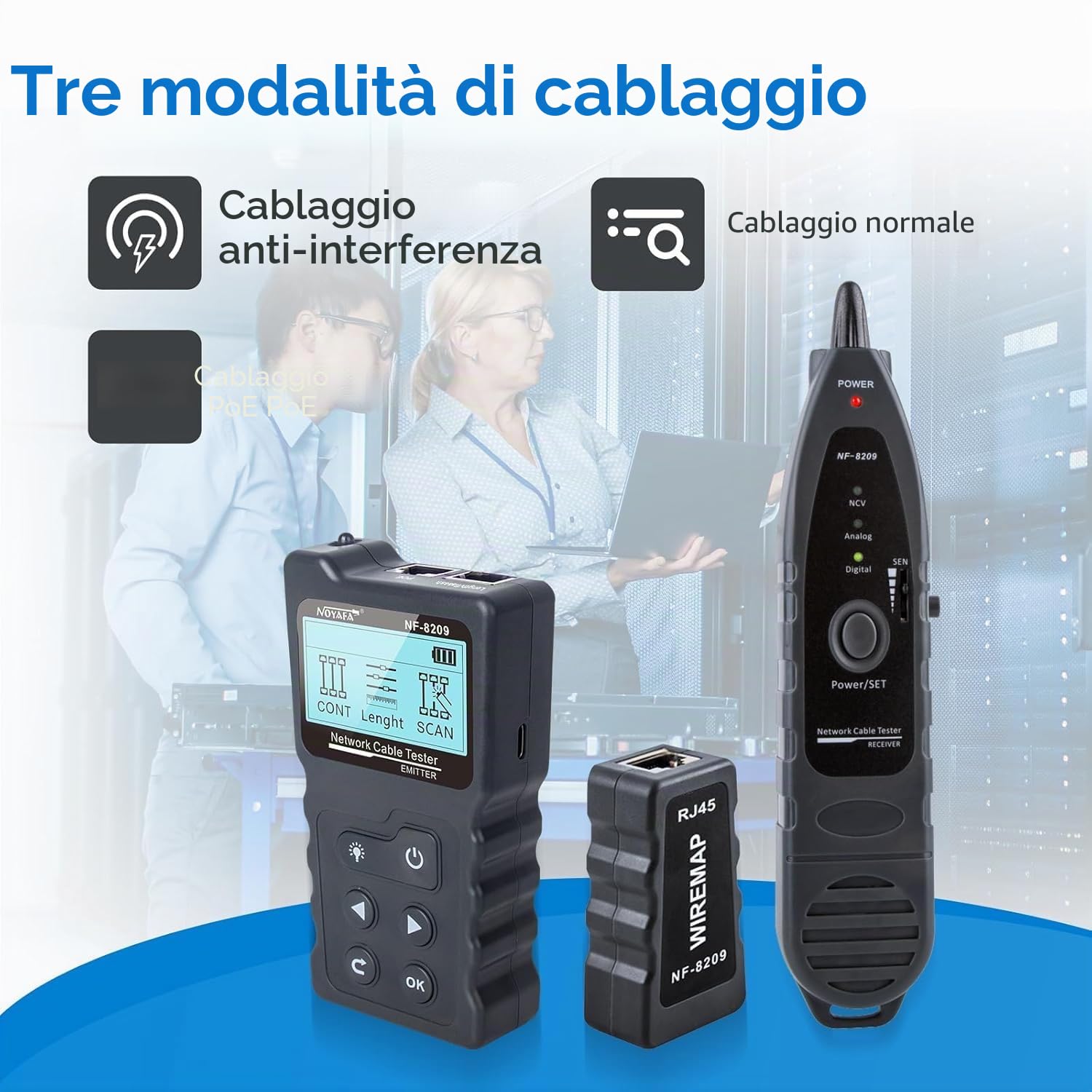 NOYAFA Tester del cavo di rete per LAN CAT5 CAT6, NF-8209 Ethernet multifunzione tester di lunghezza del cavo del tracker. con test PoE.