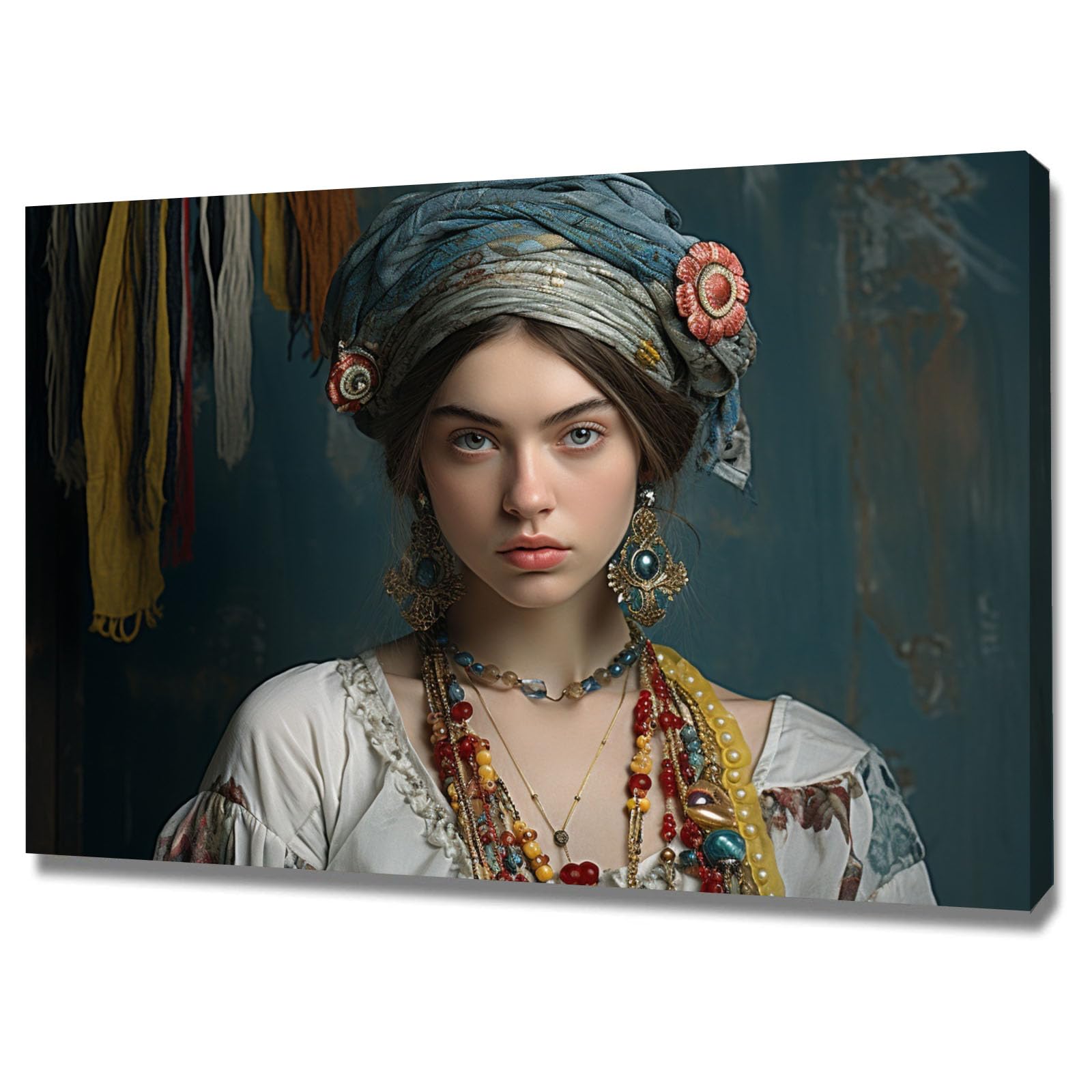 TERUEA Abstract Girl Painting Prints Woman Canvas Pictures Woman with Colorful Jewelry and Blue Turban Portrait Retro Painting Bathroom Wall Decor,(Blue)-40x60cm Framed