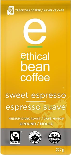 Ethical Bean Fairtrade Organic Coffee, Sweet Espresso Rôti moyen foncé, Espressos au sol Coffee