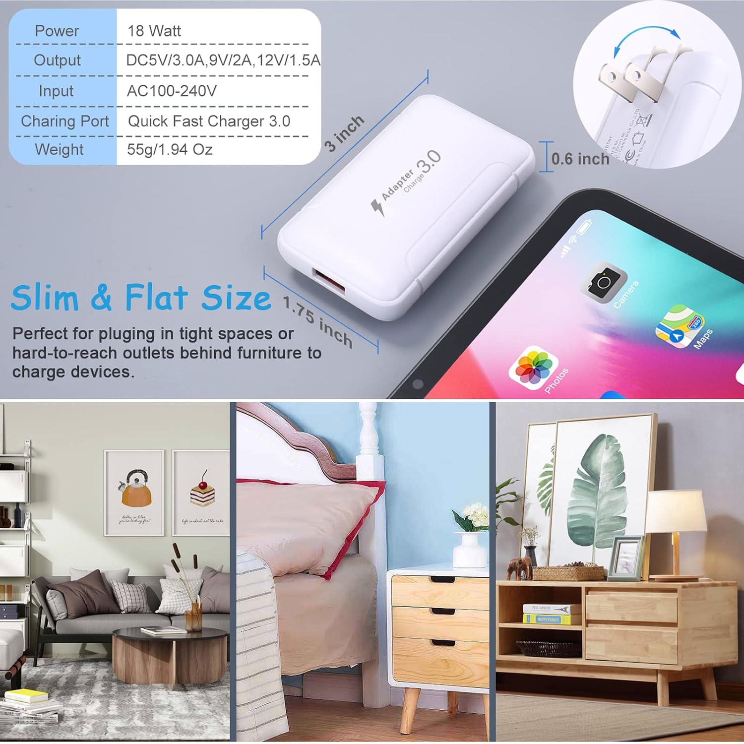 Slim Flat USB Wall Charger, Costyle 2 Pack 18W GaN Tech Fast Charge 3.0 Port Fast Charging Block with Foldable Plug Compatible for Samsung Galaxy S10 S9, iPhone 11 Xs XR X, Wireless Charger (White) thumbnail