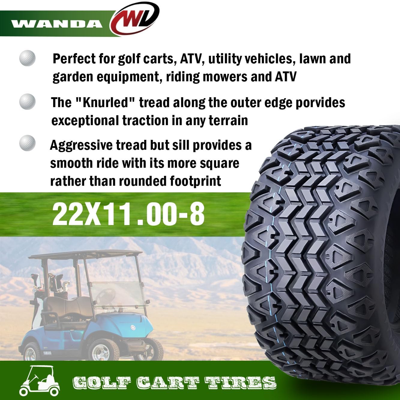 WANDA 22X11-8 Golf Cart ATV Tires 4 Ply 22x11x8 -Set 4-14028