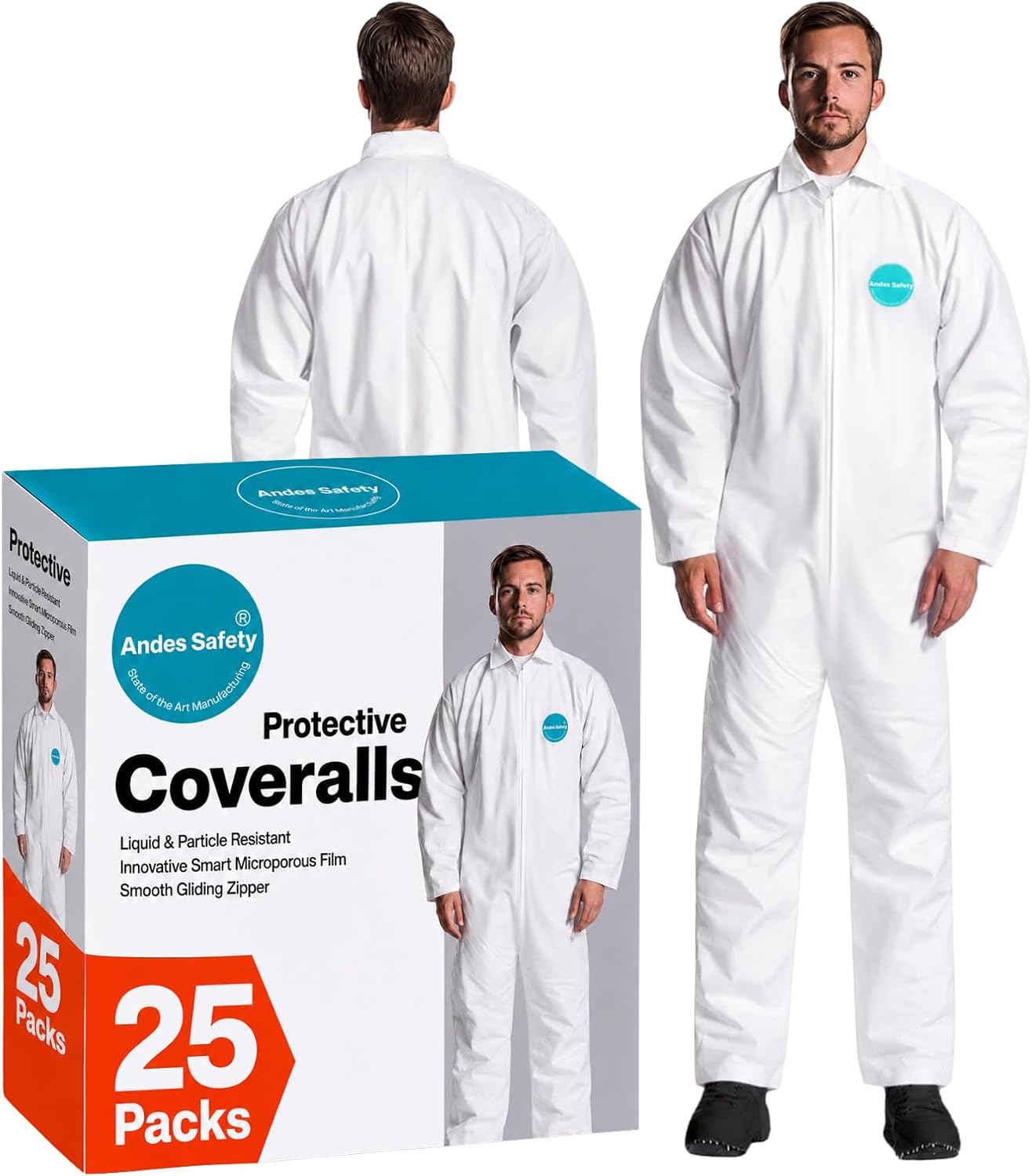 Andes 25 Hazmat Suits, Heavy Duty Paint Suits, Disposable Protective Lab Coveralls with Collar, Non-Elastic Wrists and Ankles