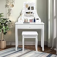 Vista 18 de CHARMAID Escritorio de maquillaje para niñas con luces, mesa de tocador con espejo iluminado, 3 modos de iluminación, brillo ajustable, mesa