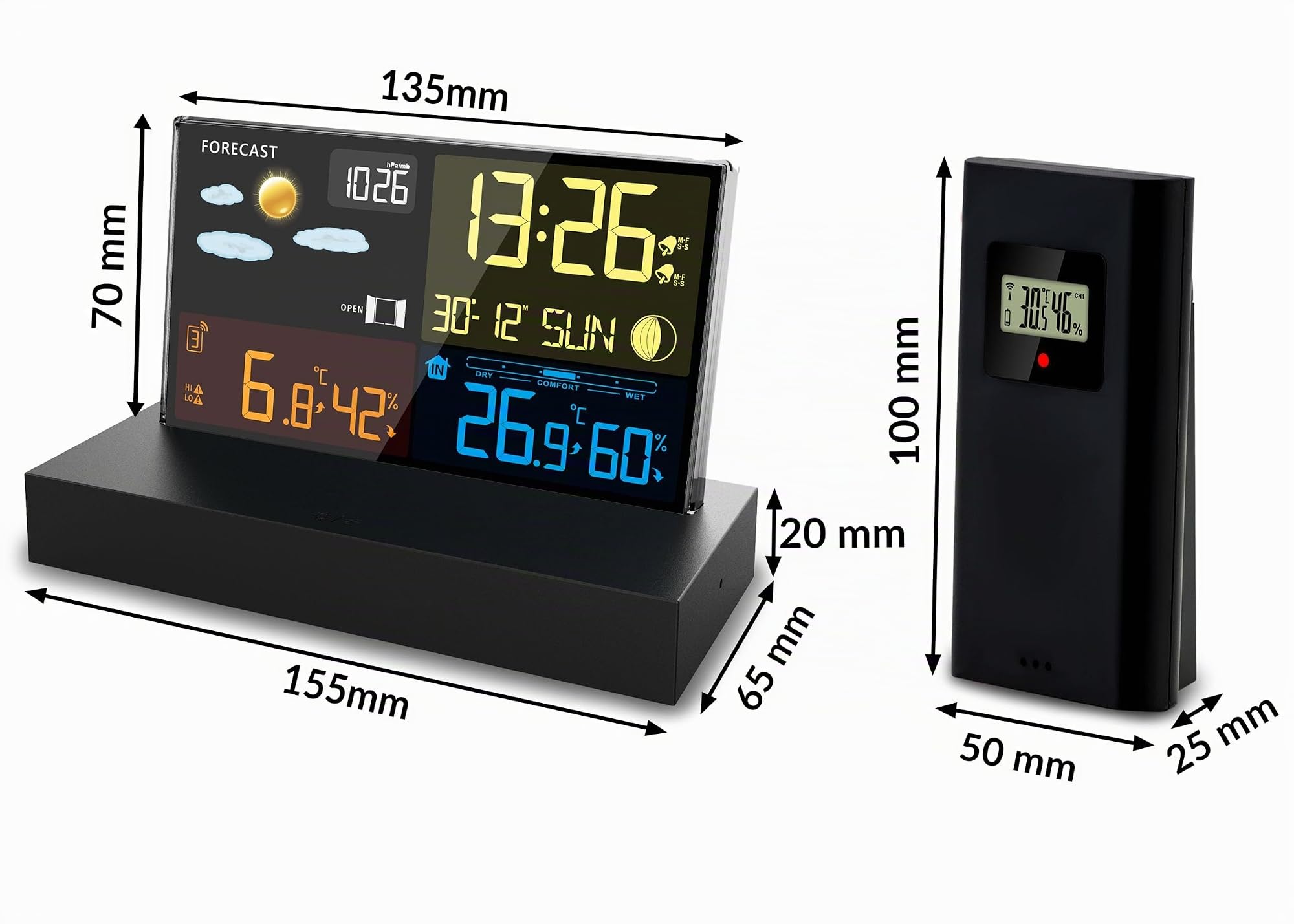 Berdsen Wetterstation Thermometer Innen Außen Kabellos Digital Hygrometer DCF Barometer Schwarz