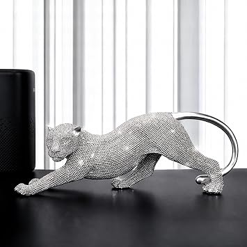 CroBlissful Silver Leopard Statue Sparkling Resin Beaded Panther Decor