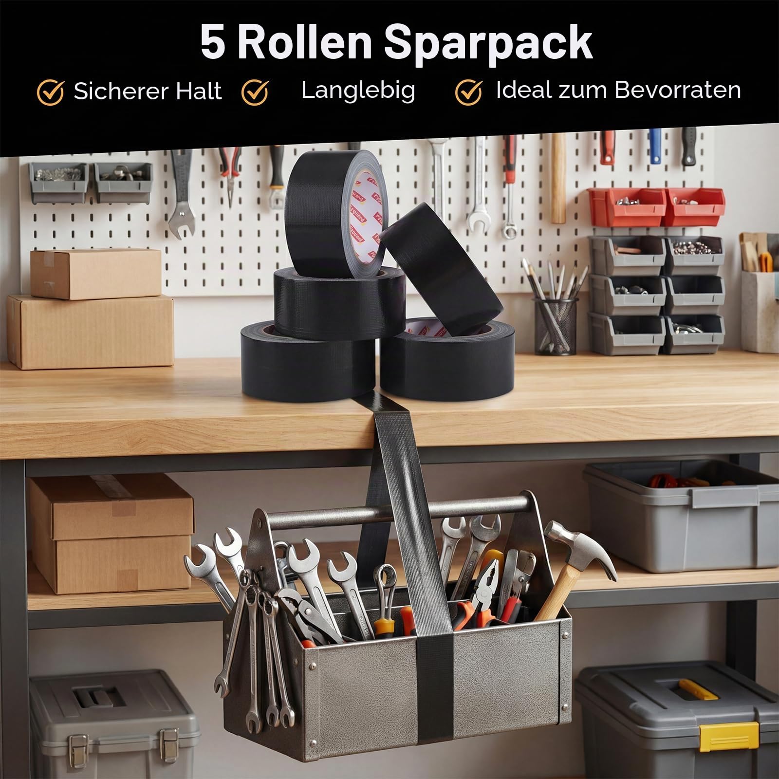 5 Rollen Panzerband Schwarz, 48mm x 28m Gewebeverstärktes Reparaturband Schwarzes Klebeband für Rohrreparaturen und Kartonversiegelung, Innen- und Außenbereich
