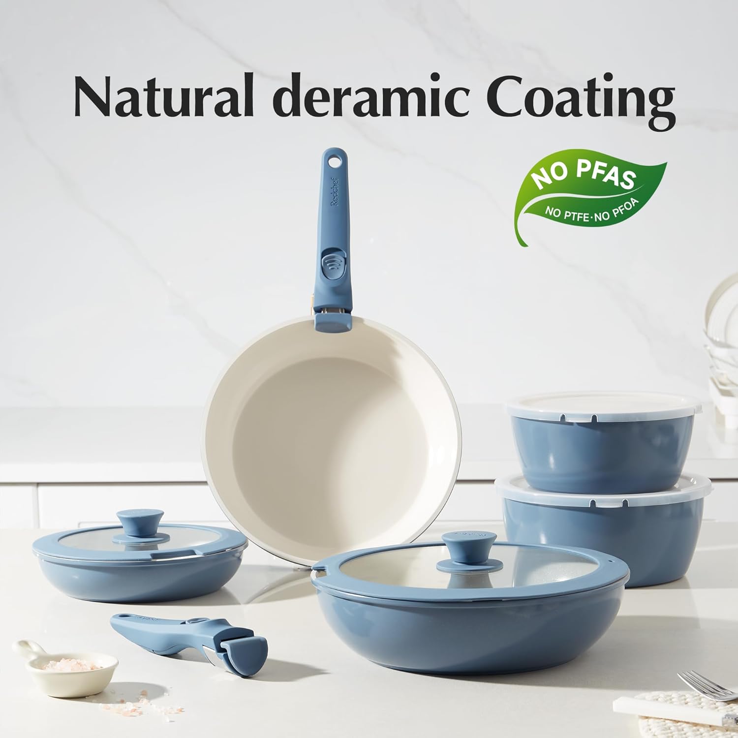 Redchef 21pcs Ceramic Pots and Pans Set Non Stick, Nonstick Kitchen Cookware Set with Detachable Handle, Non Toxic, PFAS PFOA & PTFE Free, RV Ceramic Cookware Set for Camping, Dishwasher/Oven Safe