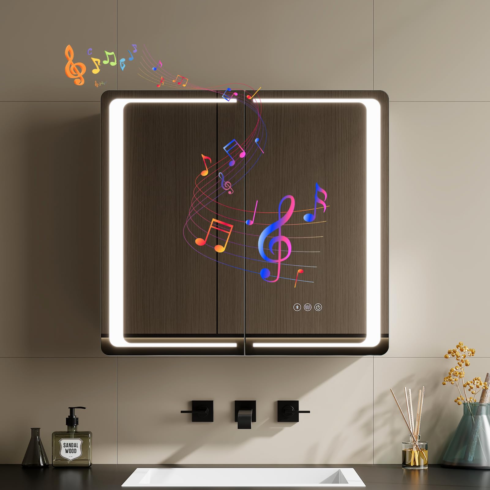 Warmiehomy Bluetooth Bathroom Mirror Cabinet with Lights,65x60cm 3-color Dimmable LED Illuminated Bathroom Mirror Cabinets with Shaver Socker Defogger Touch Switch Two Door,White Frame — image 1