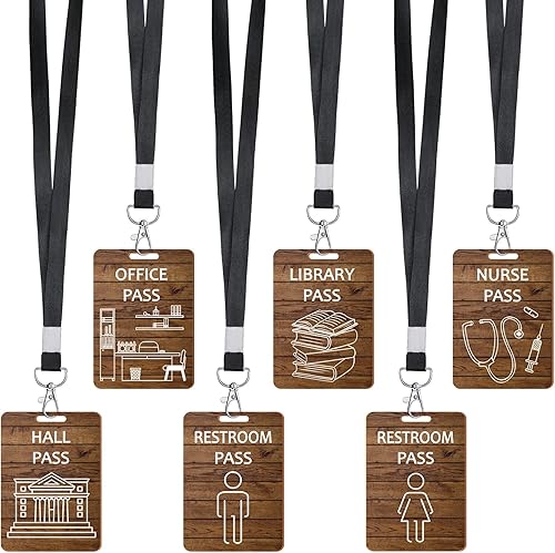 Vista 10 de Sabary 6 juegos de cordones para pases de pasillo y pases escolares Juego de pases de baño irrompibles de madera para aulas, pasillo, baño