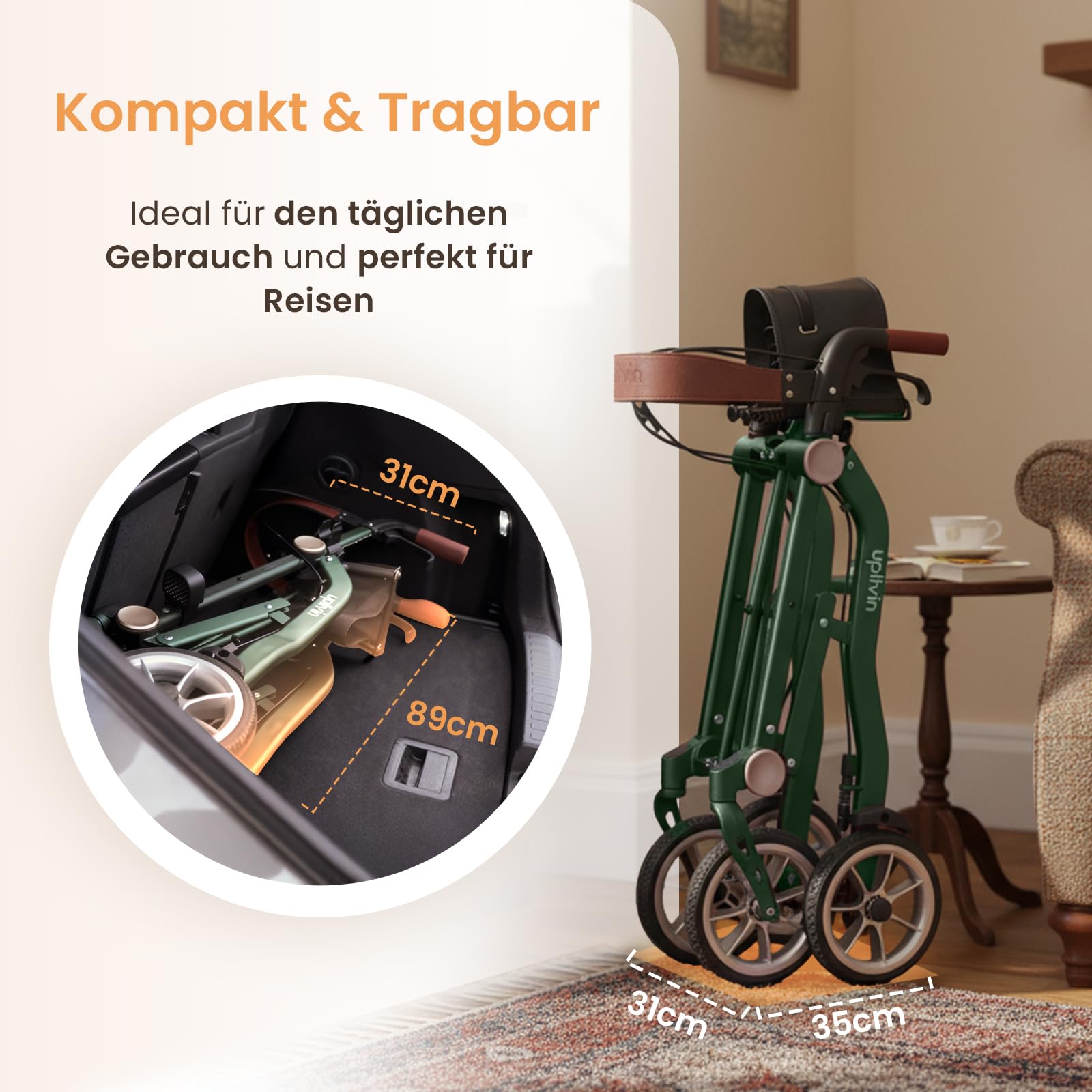 Rollator Faltbar und Leicht mit Sit,1-Schritt Klapp ohne Bücken,Höhenverstellbar, Leicht & Rollator schmal für Wohnung und Outdoor,Gehwagen mit Bremse, All-Terrain Räder