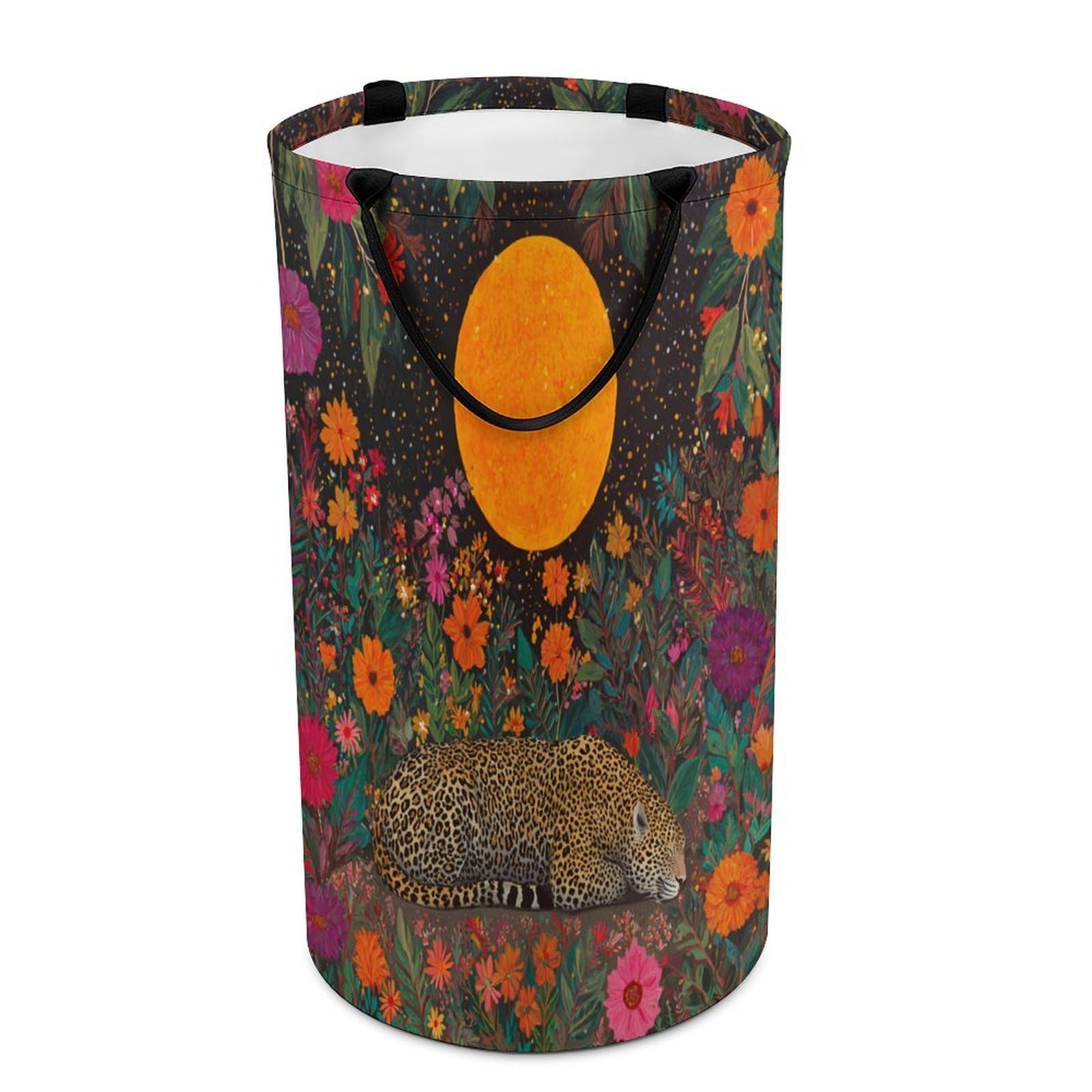 LUYYSKY Rustic Ethnic Animal Cheetah Collapsible Dirty Clothes Basket, Beautiful Realistic Full Moon Wildlife Leopard Botanical Flowers Portable Clothes Storage Laundry Basket-40 CM Dia, 69 CM High