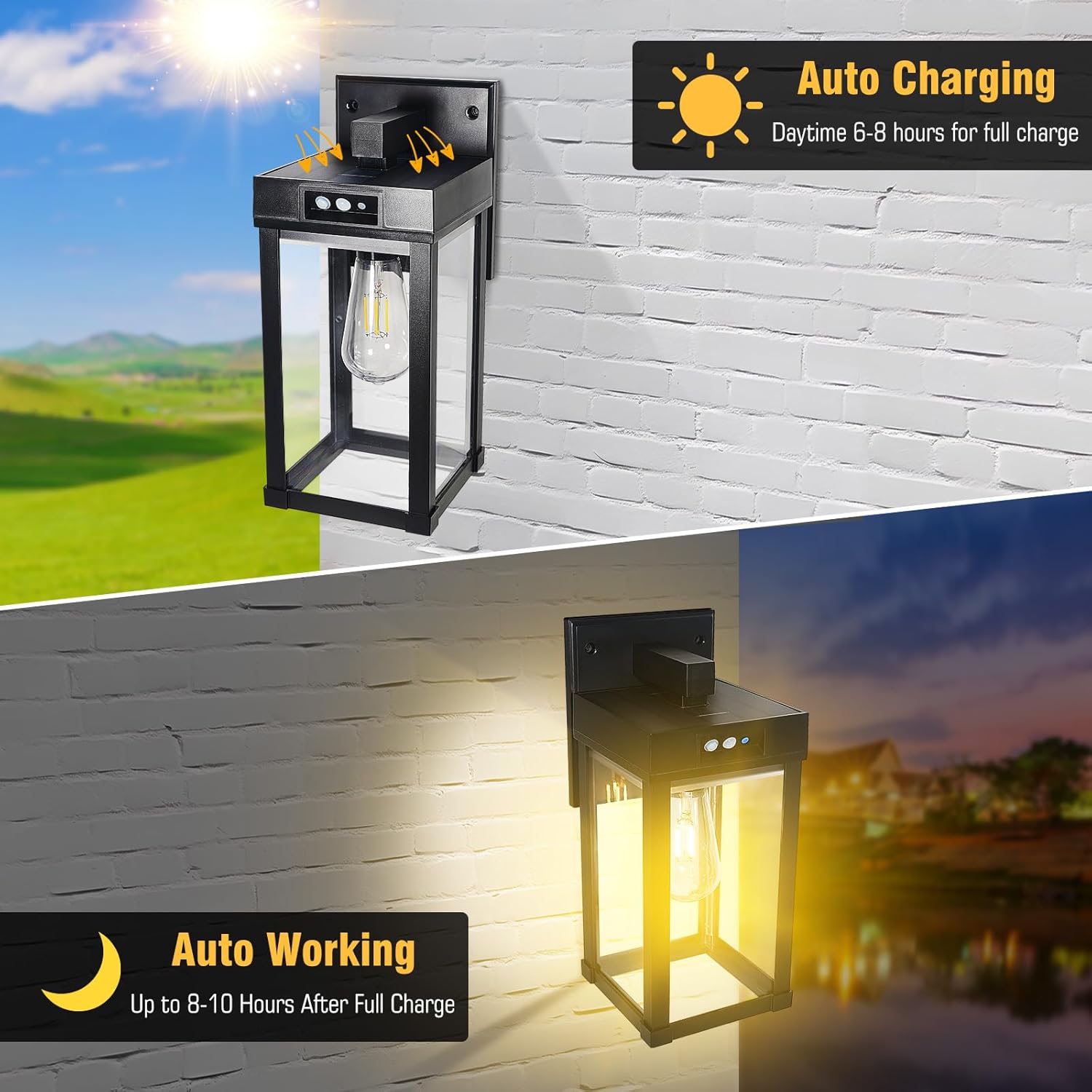 Solar Wall Lights Outdoor, Solar Sconce Lantern with 3 Lighting Modes & Motion Sensor, Porch Light Fixture Outside Waterproof with Clear Panel for Garage Yard Front Door Shed (2 Pack)