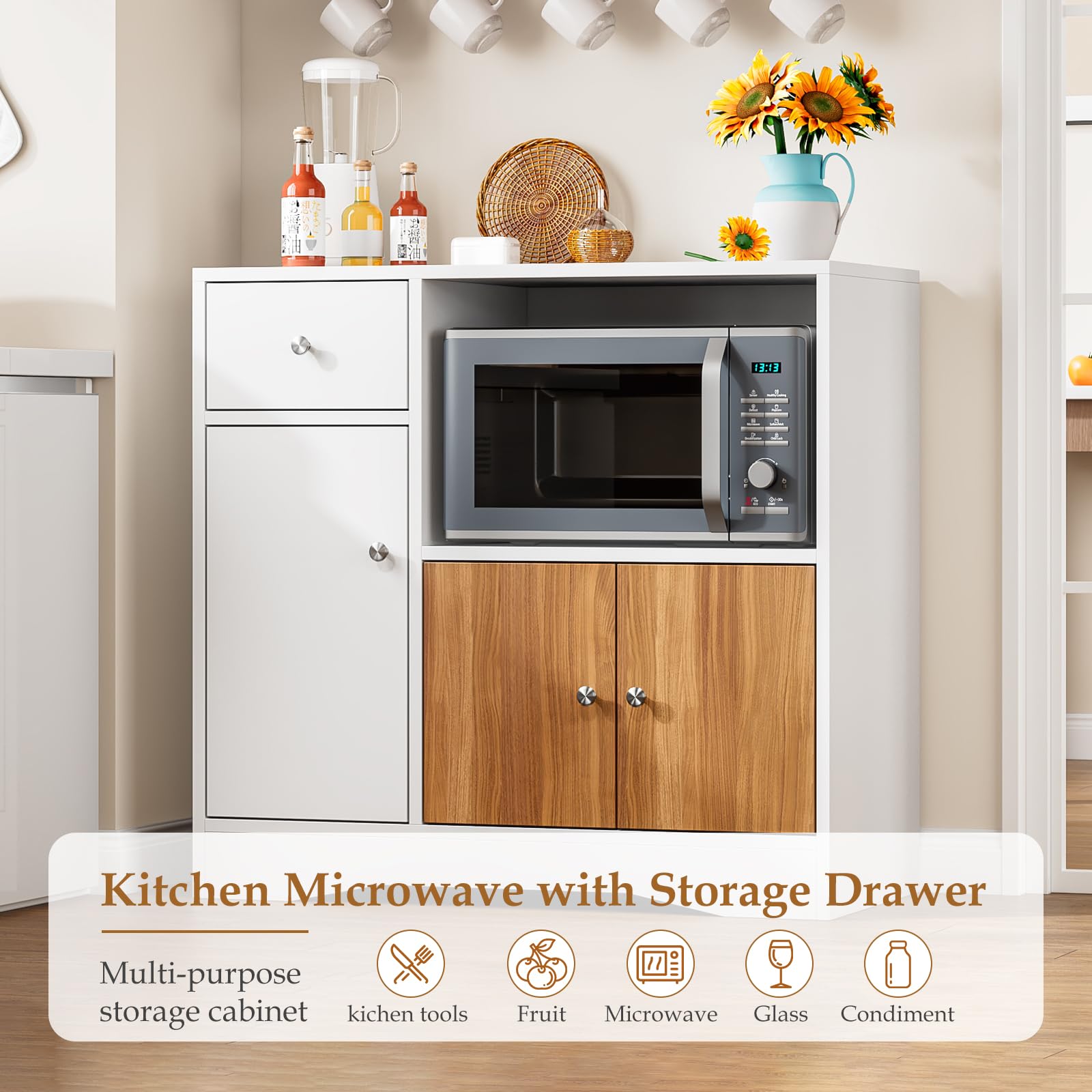 Aparador de Cocina con 3 Puertas, Cajón y Estante para Microondas | Mueble de Almacenaje, Blanco y Madera Natural, 83 × 40 × 80 cm