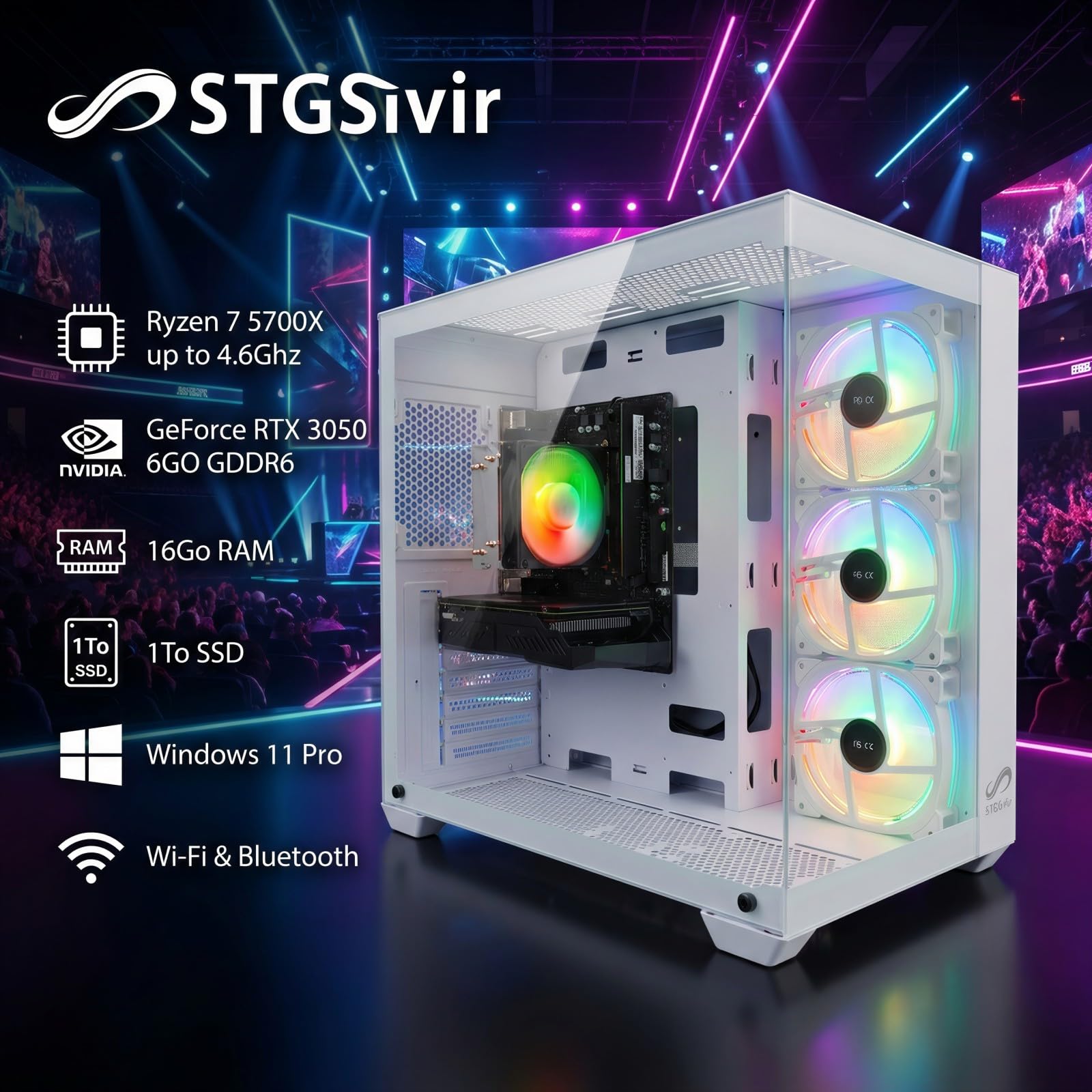STGSivir PC Gaming Fisso, Ryzen 7 5700X, RTX 3050 6G,16G DDR4,1T SSD