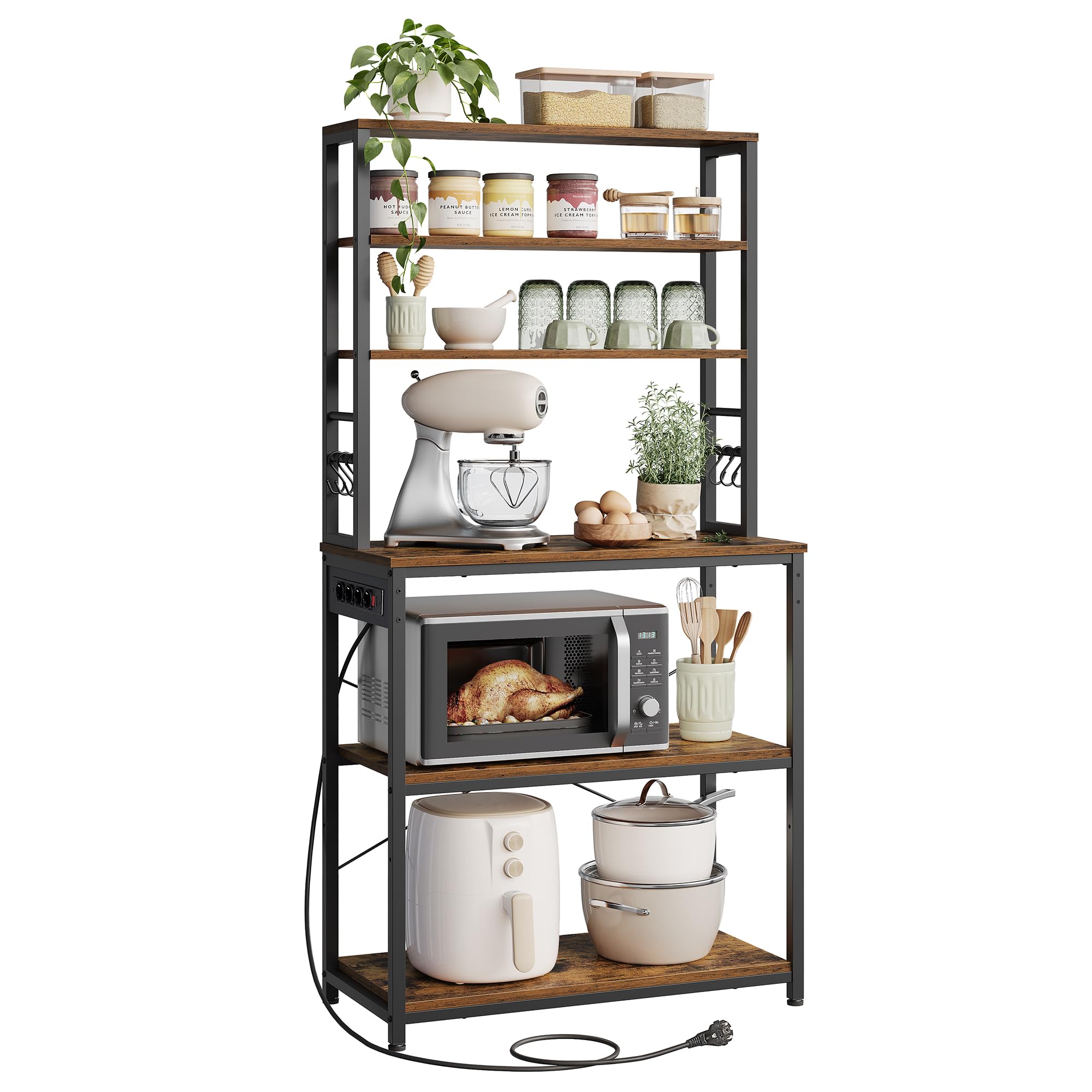 VASAGLE Étagère de Cuisine avec Multiprise, Étagère pour Machine à Café, 6 Étagères, 6 Crochets, pour Four à Micro-Ondes, Cadre en Acier, 40 x 80 x 167 cm, Marron Rustique et Noir d'encre KKS119K06