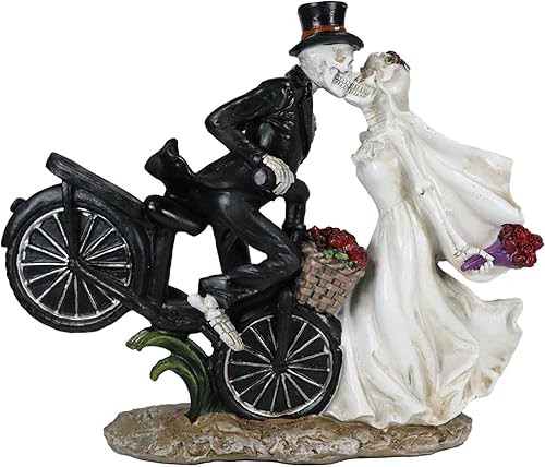 Miniatura 4 de Ebros Gift Love Never Dies - Esqueleto romántico para novios en bicicleta vintage con cesta de flores de rosas rojas para besar a la novia,