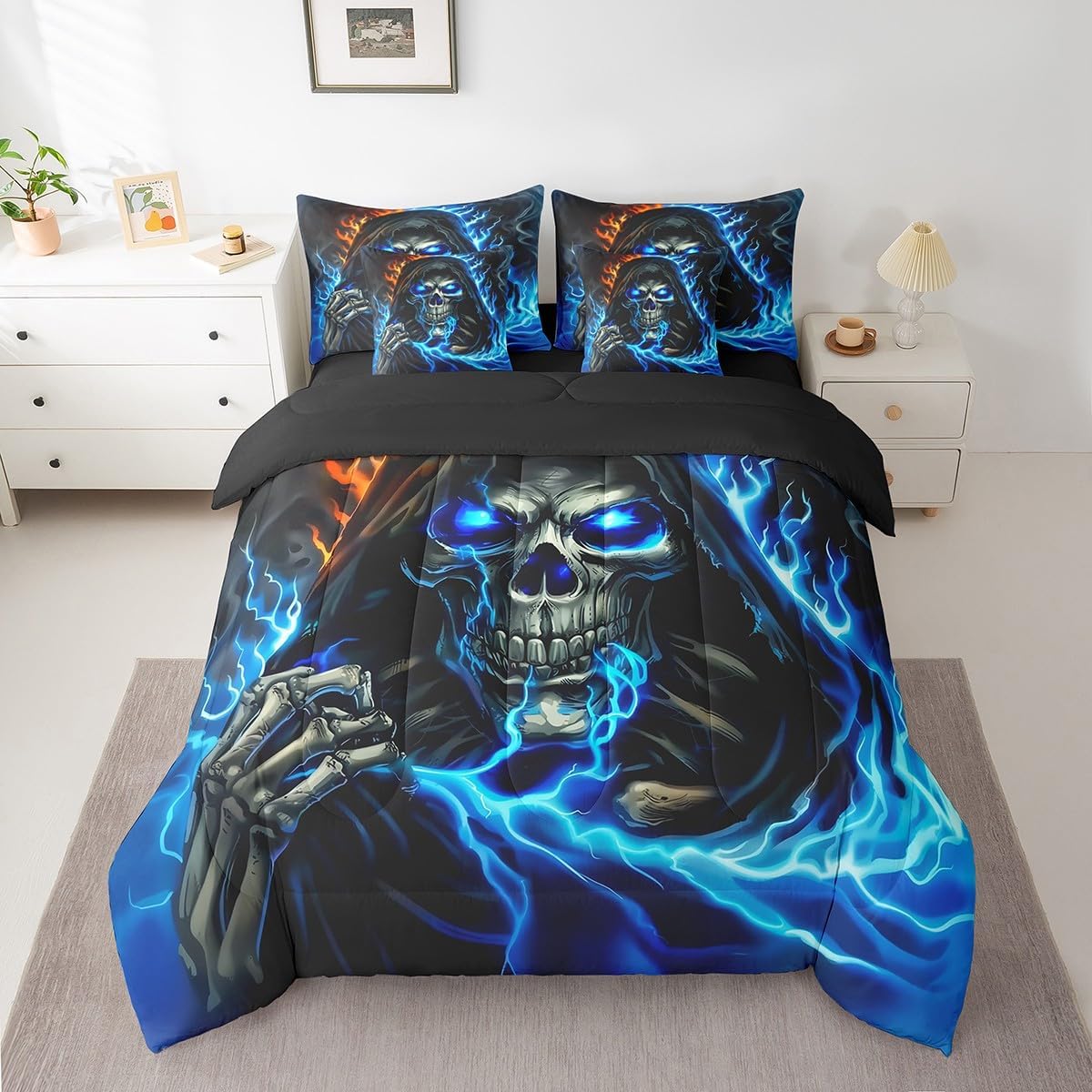 Erosebridal Gothic Flame Skull Twin Bedding Set 7 Piece Skeleton Bones Bed in A Bag with Sheets Halloween Style Comforter Set for Kids Adults,Goth Blue Orange Bed Sets