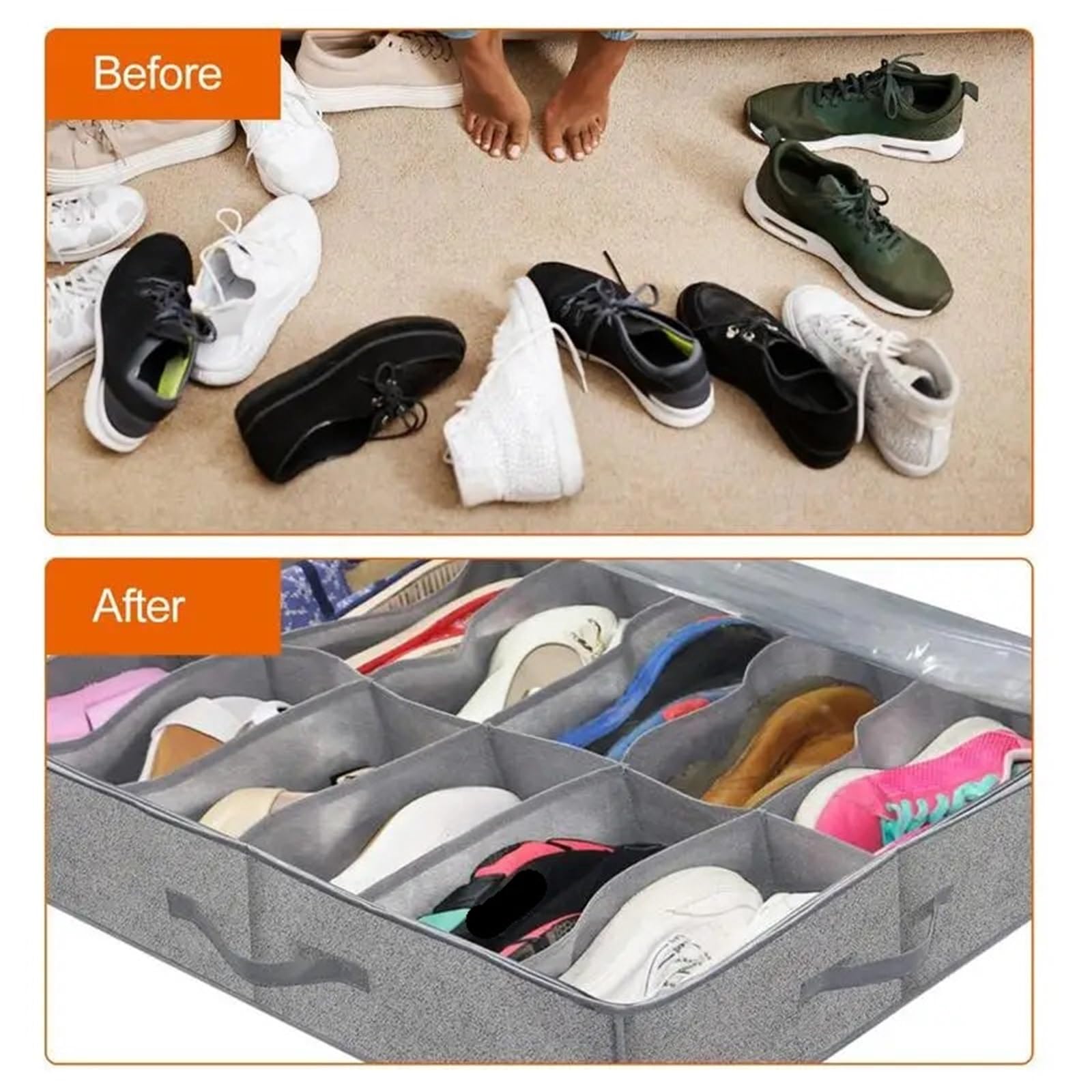 Organizzatore Di Scarpe Sotto Il Letto Organizer pieghevole sotto il letto, scatola portaoggetti in tessuto non tessuto di grande capacità, con maniglia con cerniera, for camera da letto Per Risparmia