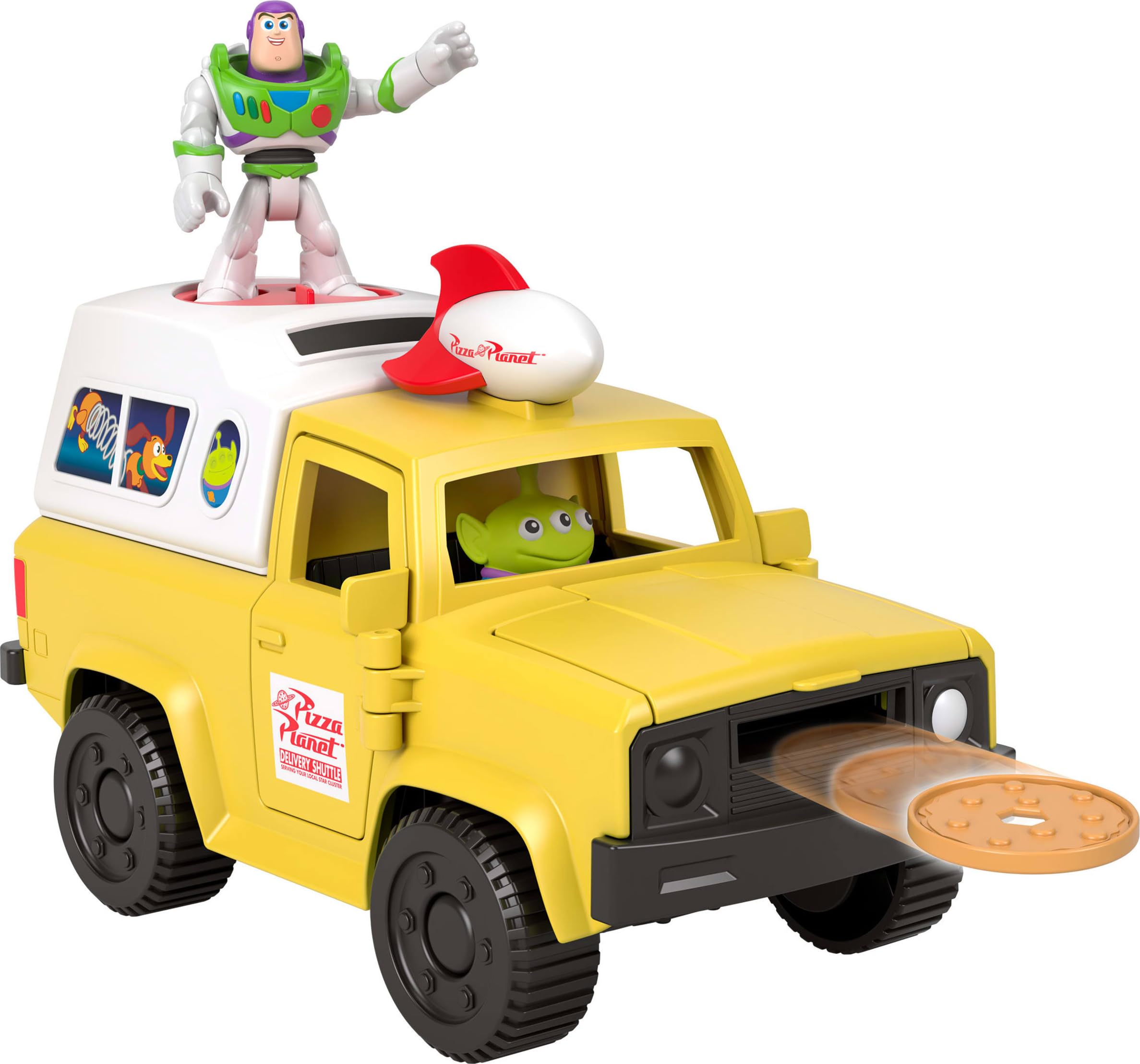 Fisher-Price Imaginext Disney and Pixar Toy Story Pizza Planet Truck with 3-inch Buzz Lightyear & Alien Friend Action Figures, Toy Vehicle & Pizza Projectile Accessories