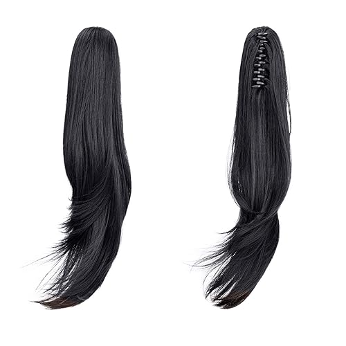 Miniatura 8 de HEWEICSY Cola de caballo, extensión de cabello negro de 22 pulgadas de largo, extensión de cabello sintético rizado, ondulado, cola de caballo con