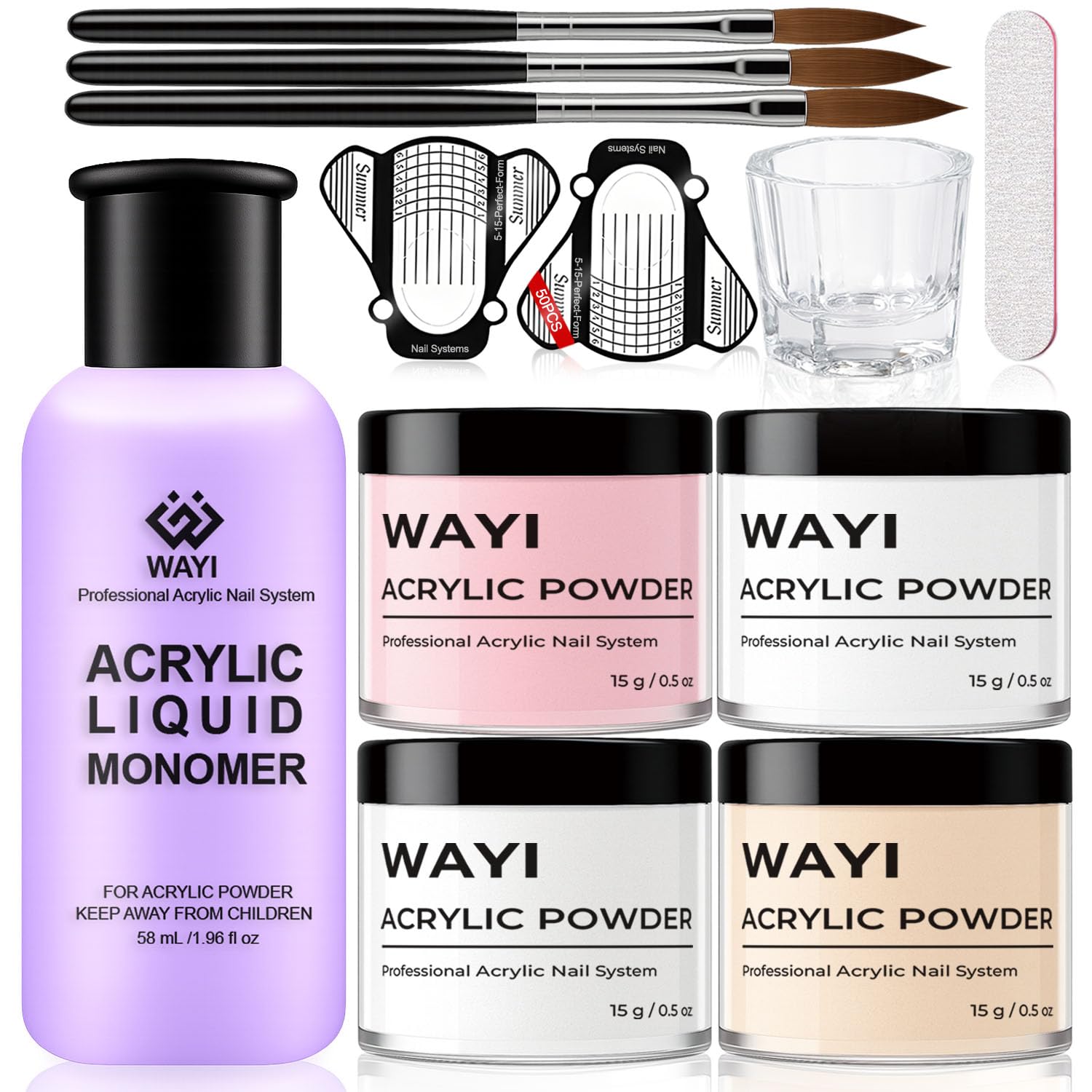 WAYI Acrylic Nail Kit, 4 Acrylic Powders, 58ml Liquid Monomer, 3 Brushes ACRYLIC NAIL KITS - A1