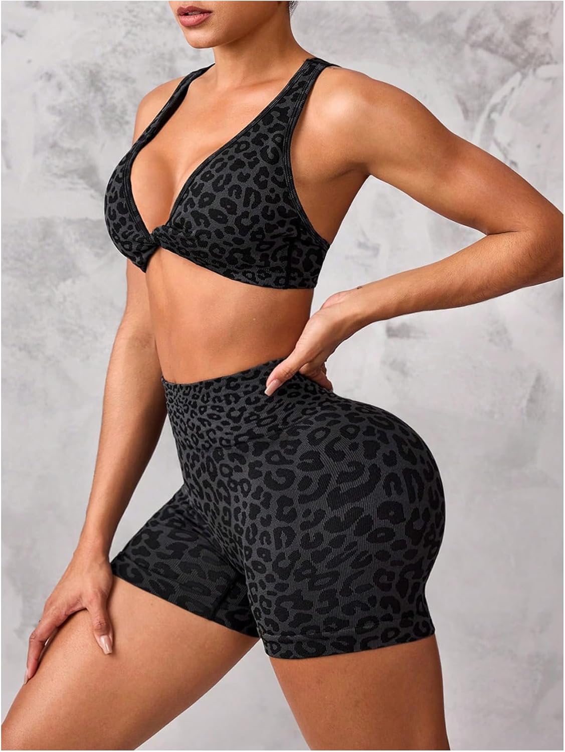 SHENHE Women's Leopard Workout Set 2 Piece Twist Front Cross Back Sports Bra Biker Shorts Set - Image 3