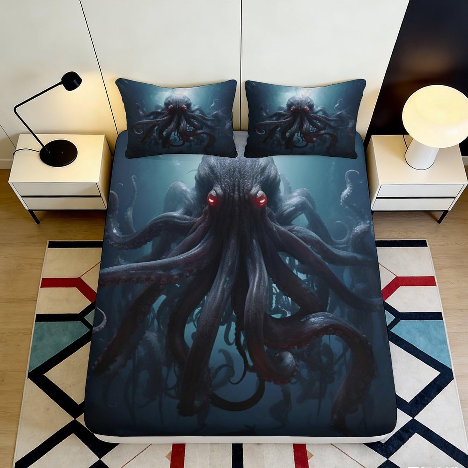 3D Printed Cthulhu Octopus Fitted Sheet Microfiber Dark Ocean Creature Bed Cover for Bedroom Dorm Mattress Protection Decor 90x200x25cm