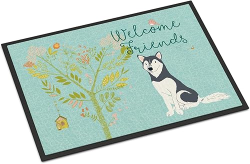 Caroline's Treasures BB7594JMAT - Felpudo con texto en inglés "Welcome Friends" Siberian Husky de 24 x 36 pulgadas, tapete para puerta delantera,