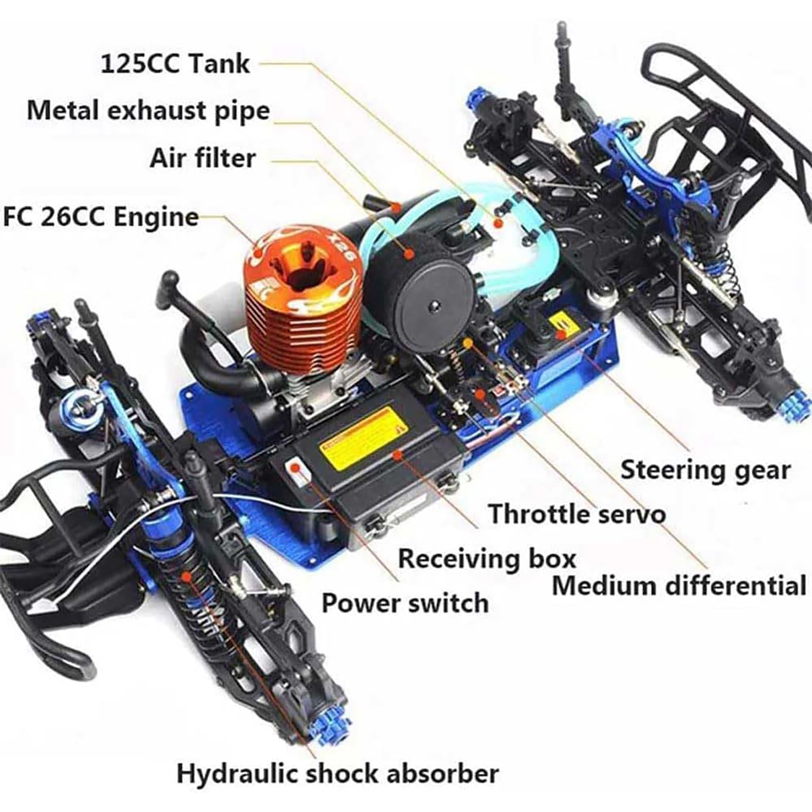 1/8 Samochód RC z napędem gazowym Samochód wyścigowy dla dorosłych 90KM/H Buggy 4WD 26CXP Silnik Rock Crawler Ciężarówka RC z napędem gazowym 125CC Pojazd zdalnie sterowany Samochody rajdowe