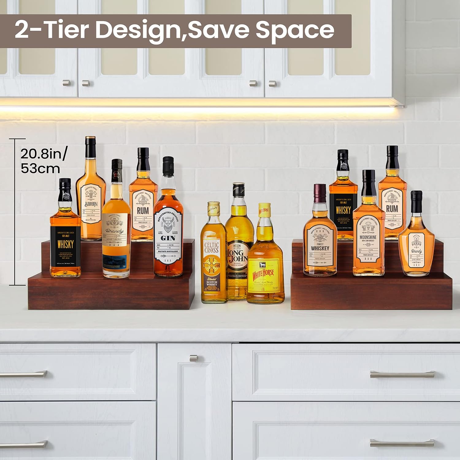 B4Life Liquor Bar Bottle Display Shelf, 2 Tier Real Wood Bar Shelves for Liquor Bottles, Bar Shelf for Liquor, Liquor Shelf for Home Bar Liquor Shelves Bottle Display (Wood Bar Shelf)