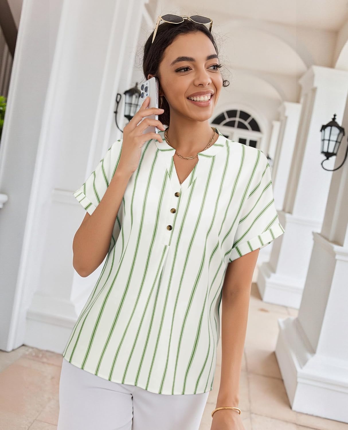 Striped Shirt Women Henley V Neck Button Up Shirt Cap Short Sleeve Blouses Business Dressy Casual Clothes - Image 5