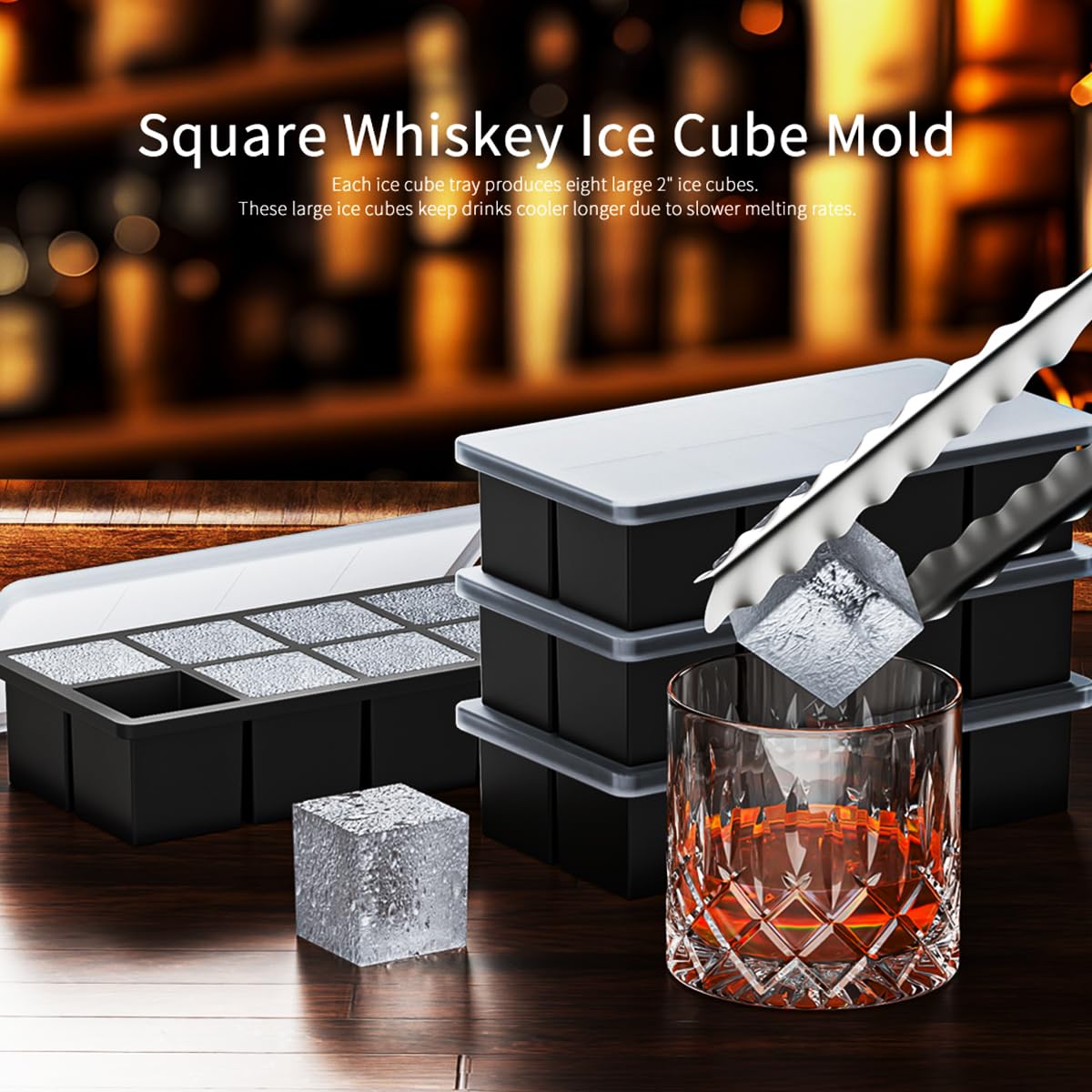 Bandejas grandes para cubitos de hielo, cubos cuadrados de 2 pulgadas, paquete de 2, moldes de silicona para whisky y cócteles