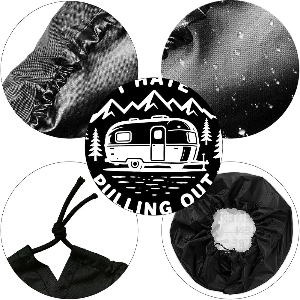 Camping Themed Spare Tire Cover Weatherproof Wheel Covers I Hate Pulling Out Pattern Black Universal Polyester Wheel Protector for Travel Trailer SUV Truck 15 Inch Durable Stylish Accessory