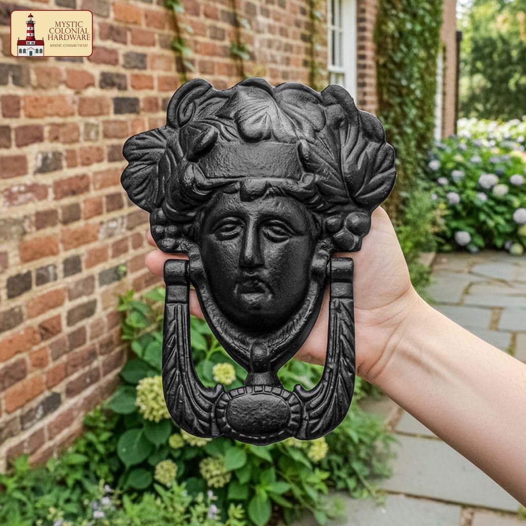 Mystic Colonial Medieval Cast Iron Door Knocker Athena Design, 6 Inch, Rustic Black Finish Front Door Knocker with Mounting Screws for Vintage Doors