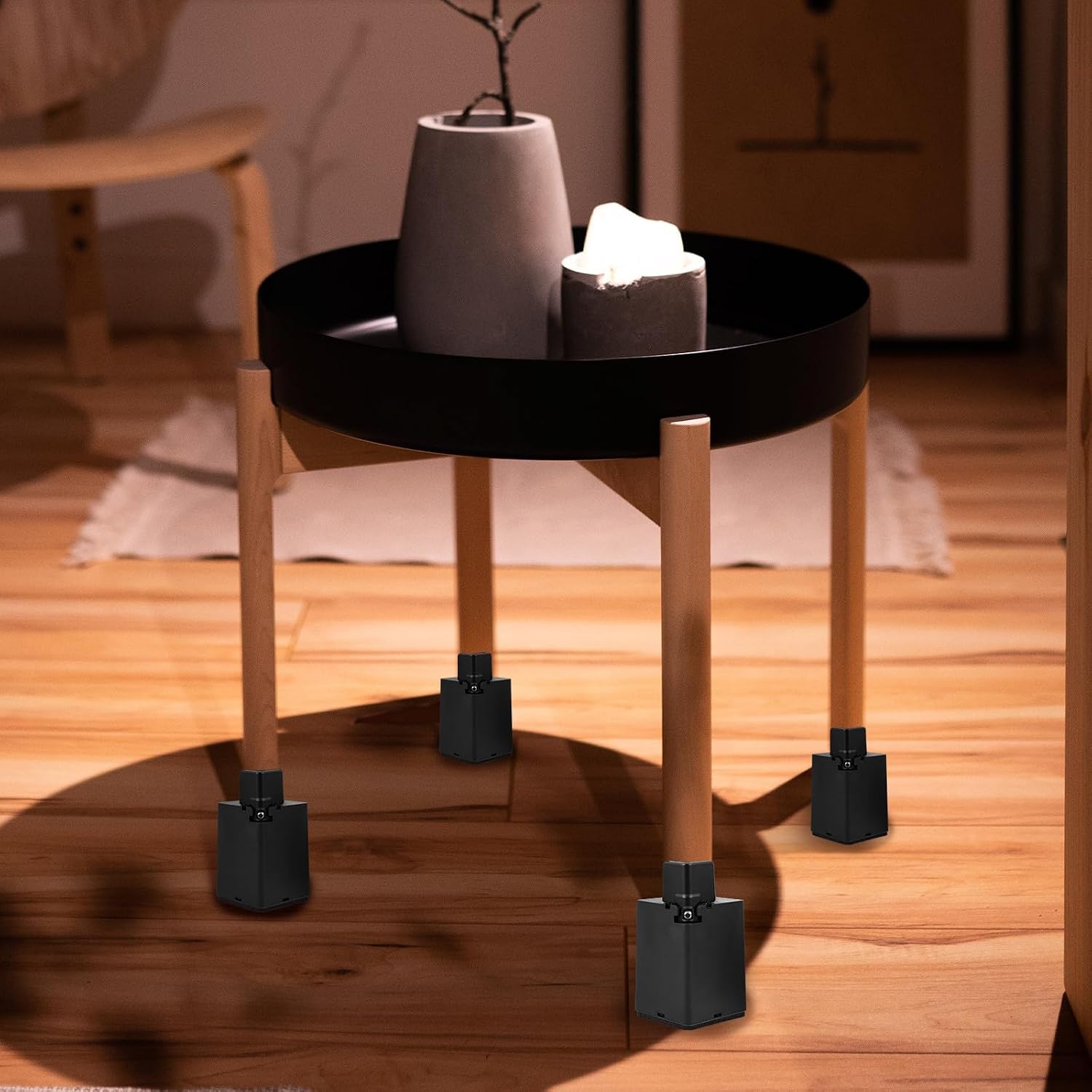 Wakauto Adjustable Bed Risers Black Heavy Duty Furniture Lifts 4pcs with Heightening Support for Pa6 Fiber Material Beds and Furniture