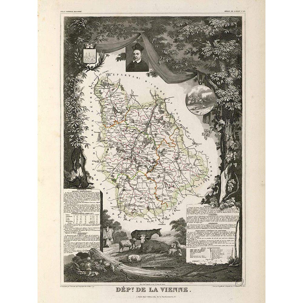 Wee Blue Coo Map Old France Levasseur Vienne Department Art Print Poster Wall Decor 12X16 Inch