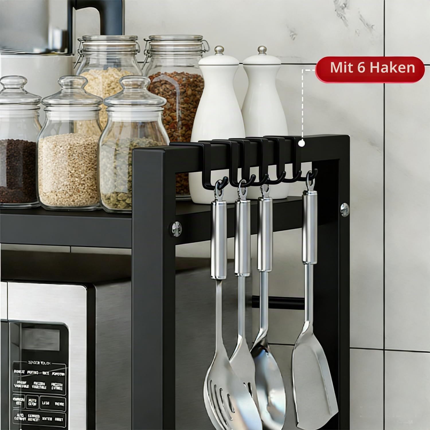 3-stufiges Mikrowellenregal mit 6 Haken,Küchenablage,Schwarz