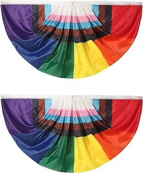 Progress Rainbow Pride Pleated Fan Flag Bunting 3 x 6 Ft Rainbow Pleated 2 Pcs Fan Flag Banner, Progress Half Flag Party Decorations Supplies For Parades,celebration,Festival.