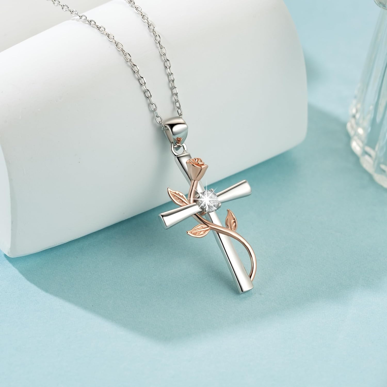 BlingGem Cross Necklace for Women Sterling Silver Cross Necklaces Pendant White/Rose/Gold Plated Cubic Zirconia Flower Necklace Gifts for Women