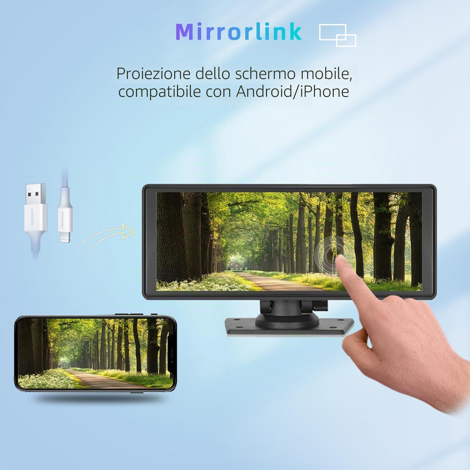 Autoradio portatile con Wireless CarPlay e Android Auto, lettore multimediale touchscreen HD IPS da 9,3" con supporto per telecamera di backup a 12 LED Trasmettitore FM MirrorLink Bluetooth