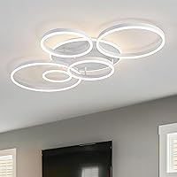 Vista 7 de O'NEELDY Modern LED Ceiling Light White Flush Mount Ceiling Lights Fixtures Dimmable 47" Dining Room Light Fixture with Remote 6 Rings Kitchen
