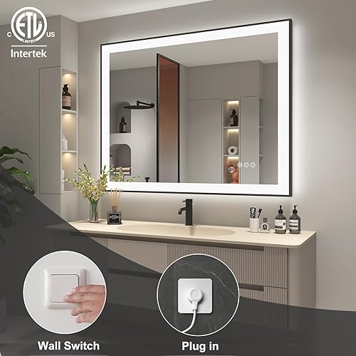 Miniatura 5 de SMIROR Espejos LED con marco negro de 40 x 30 pulgadas para pared de baño, espejos de tocador grandes iluminados, regulables, antivaho, memoria,