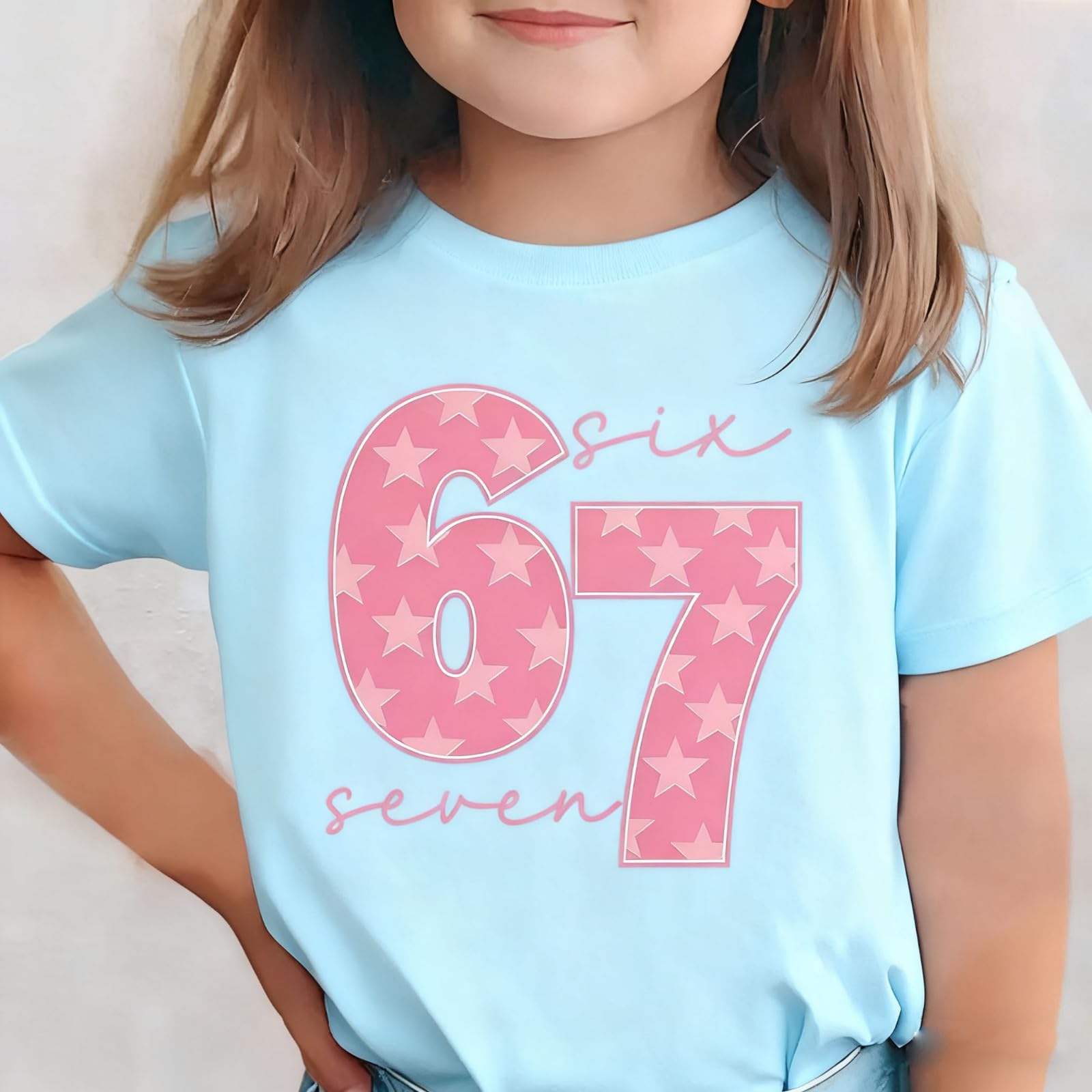 Camiseta de manga corta para niñas Six Seven para niños, estilo informal, con 67 letras, cuello redondo, holgada, para festivales de Navidad