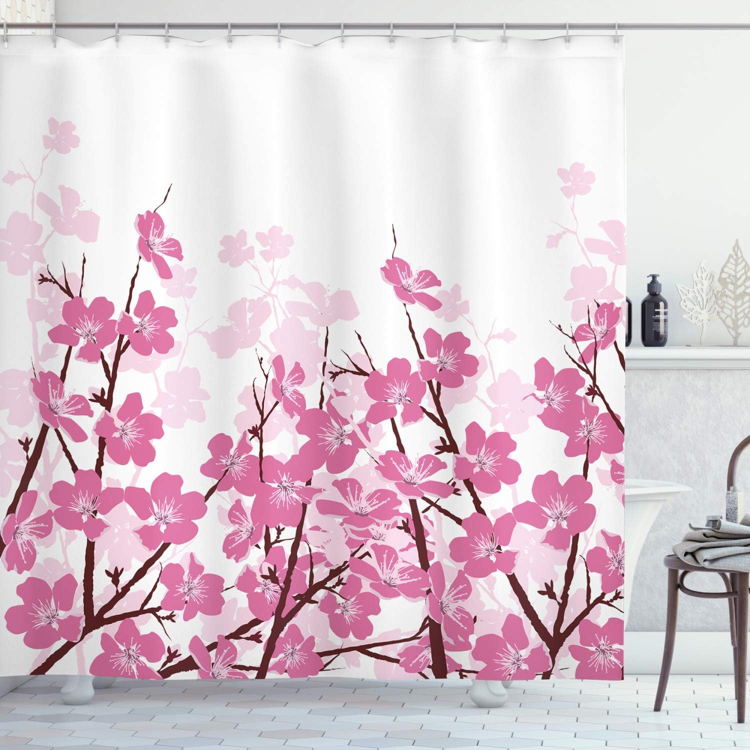 Ambesonne Asian Shower Curtain, Japanese Cherry Blossoms Sakura with Branches Spring Flower Garden Illustration, Cloth Fabric Bathroom Decor Set with Hooks, 69" W x 84" L, White Pink