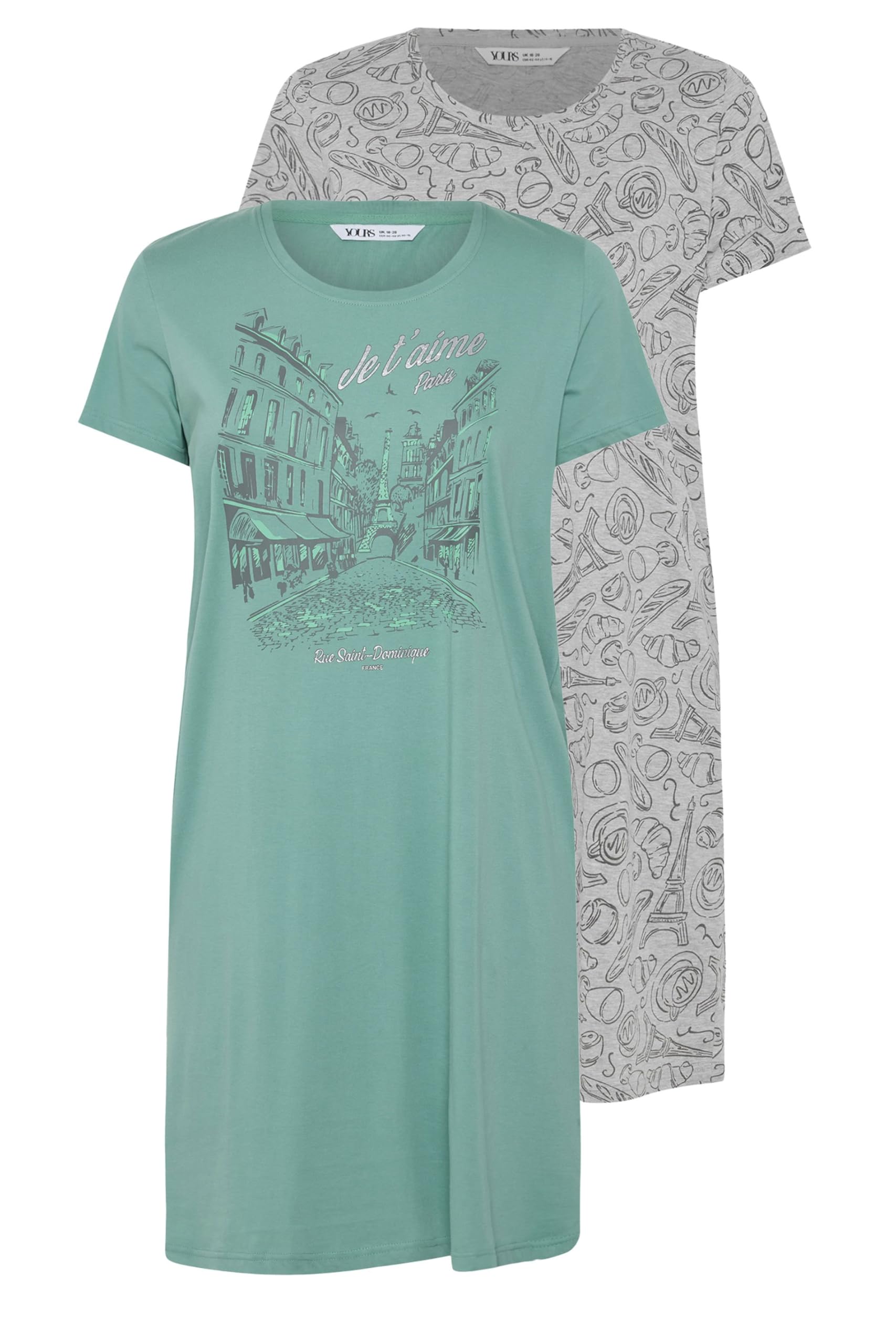 Yours Women's Green Yourset Curve 2 Pack Paris Scene Nightdresses - Plus Size Curve