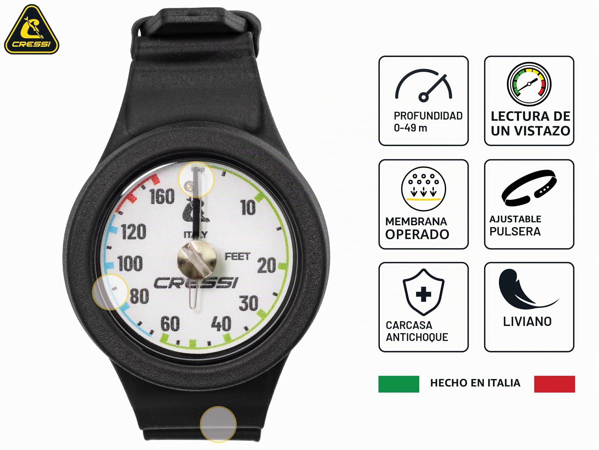 CRESSI Wristband Depht Gauge Bar - Duradero Profundímetro Unisex Analógico de Muñeca para Buceo, con Esfera Métrica de Fácil Lectura, Talla Única