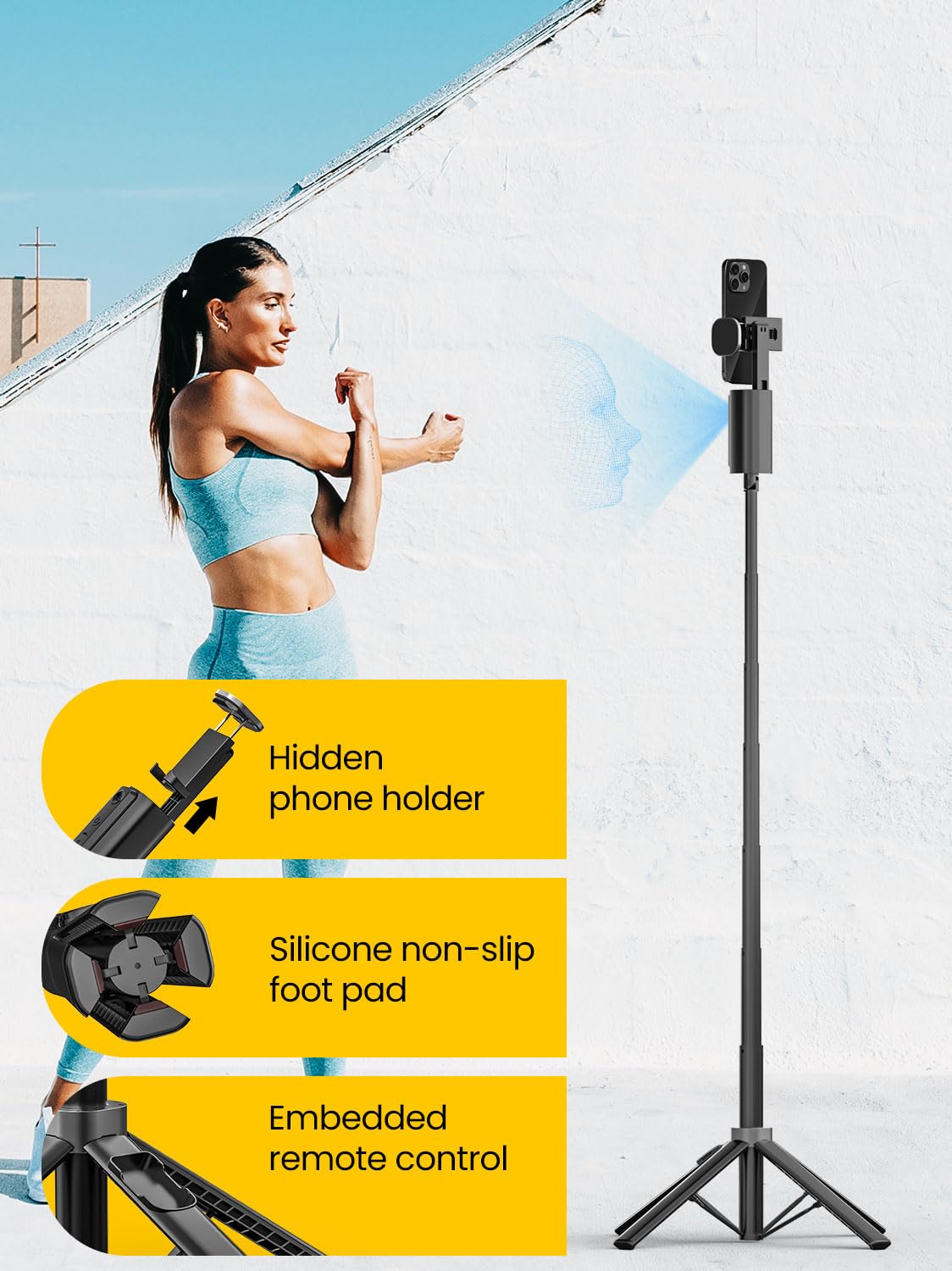 AOCHUAN Trípode de seguimiento facial para iPhone, palo selfie expandible de 57 pulgadas para iPhone, trípode de teléfono para Android con control remoto, sin aplicación, control de gestos, esencial