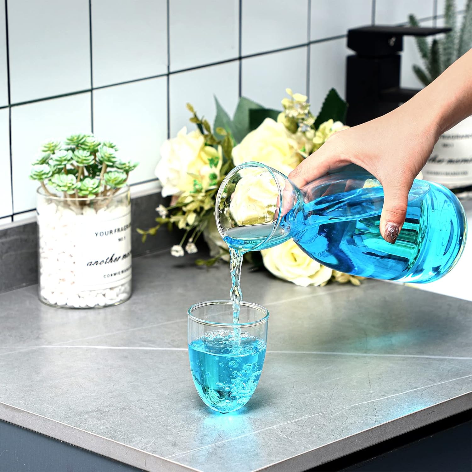 Bedside Water Carafe Set with Tumbler Glass Set for Bathroom Mouth Washer Dispenser Mouth Wash Containers Decanter with Cup Glass Pitcher Bottle Container, Nightstand or Kitchen, 600 ml (1) - Image 5