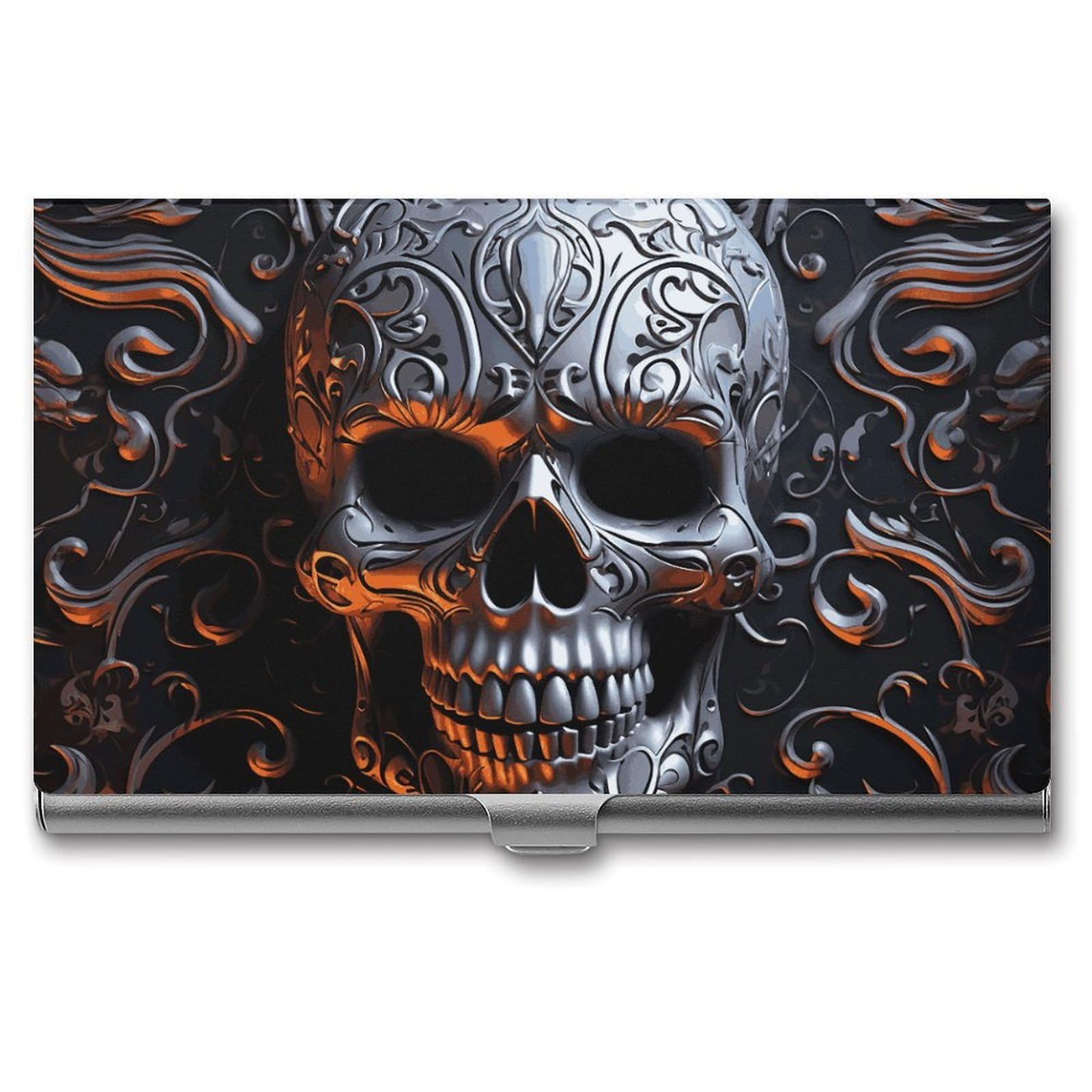DWVTSLH Cool Skull Graphics Business Card Holder, Slim Portable Metal Business Card Case Pocket Wallet Professional Name Cards Holder for 22-30 Cards, Credit Card ID Case/Holder for Men Women