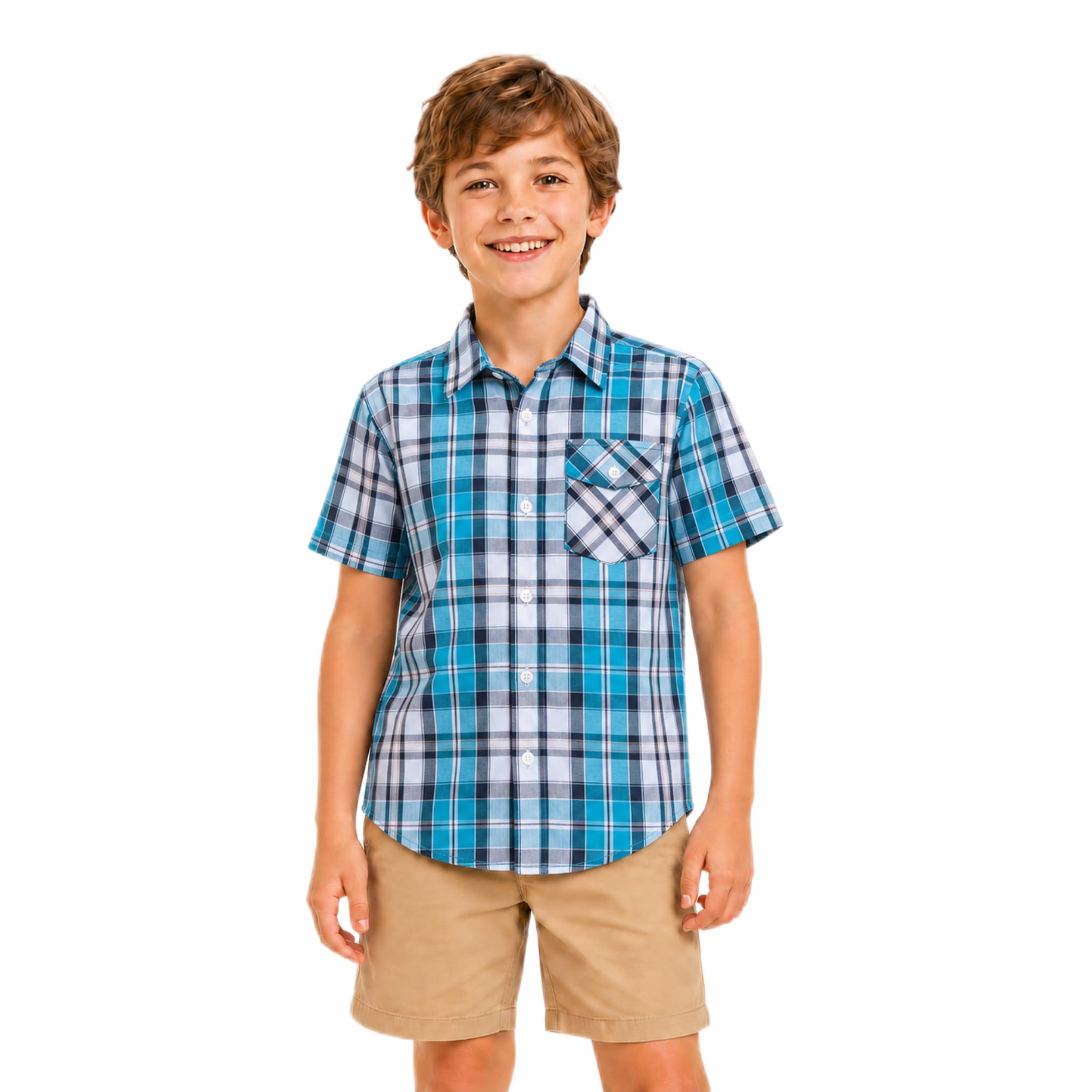 Bienzoe Garçon Coton Plaid Bouton Bas Manche Courte Chemise